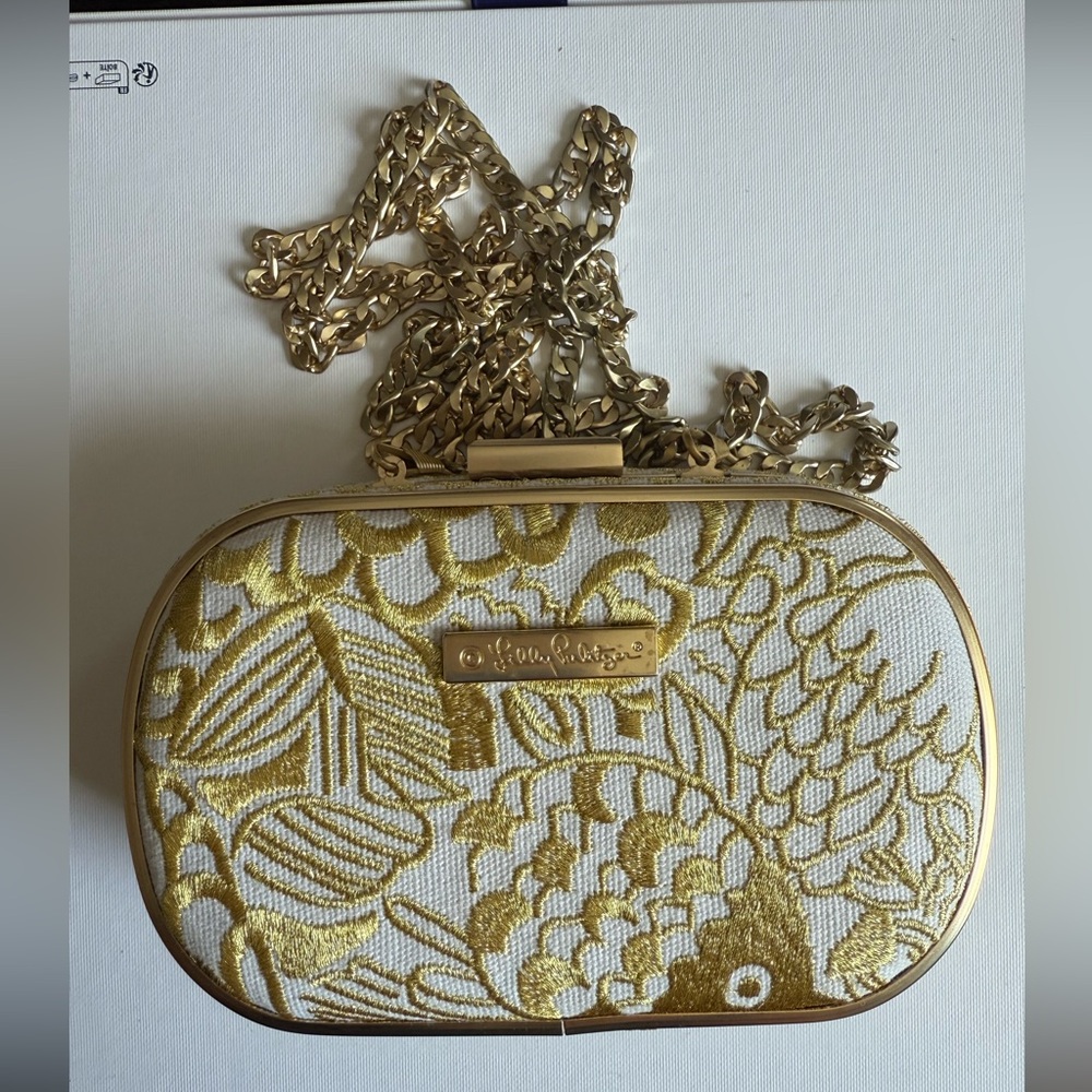 Lilly Pulitzer Gold and Cream Floral Clutch